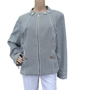 St. John Navy & White Striped Seersucker Nautical Mock-Neck Jacket – XL